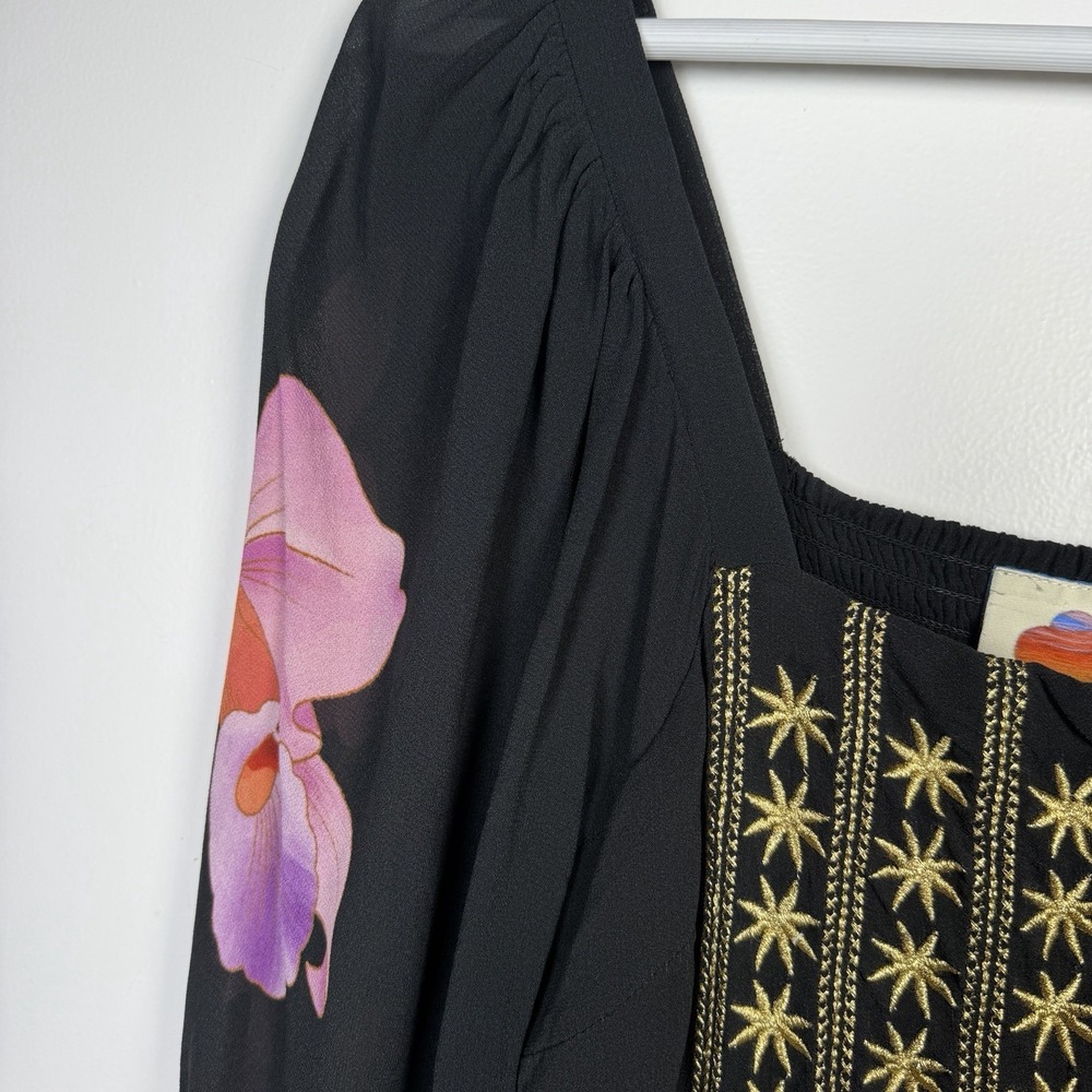 FARM Rio Embroidered Goddess Orchid Floral Long Sleeve Midi Dress Black Small - Picture 6 of 16